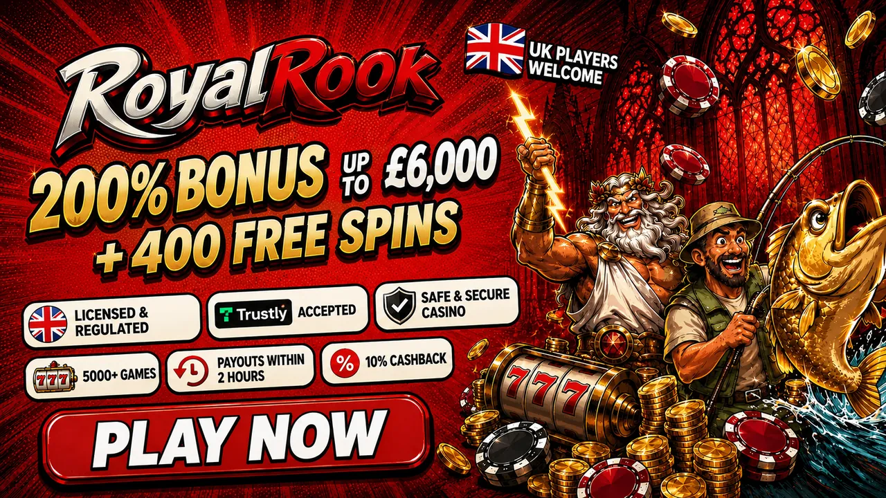 RoyalRook Casino welcome bonus 200% up to £6,000 plus 400 free spins